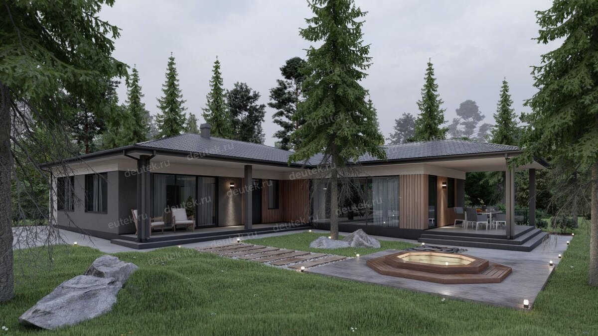 Проект углового одноэтажного дома 195 м2 с тремя спальнями, кабинетом и террасой