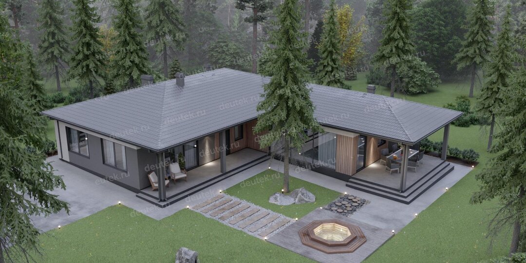 Проект углового одноэтажного дома 195 м2 с тремя спальнями, кабинетом и террасой