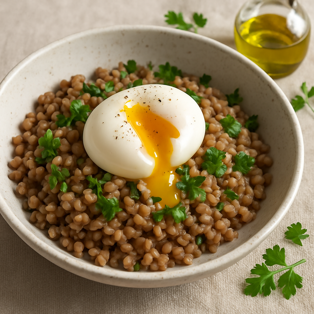 На завтрак - гречка, мягкое яйцо, зелень и оливковое масло 