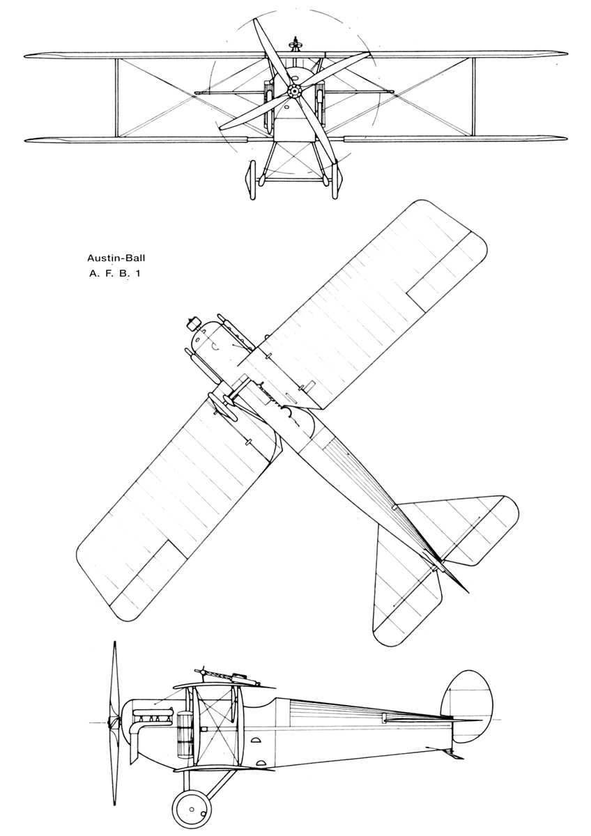 схема истребителя Austin-Ball A.F.B.1. В виде сверху британский истребитель напоминает немецкие самолеты-разведчики. Чертеж airwar.ru