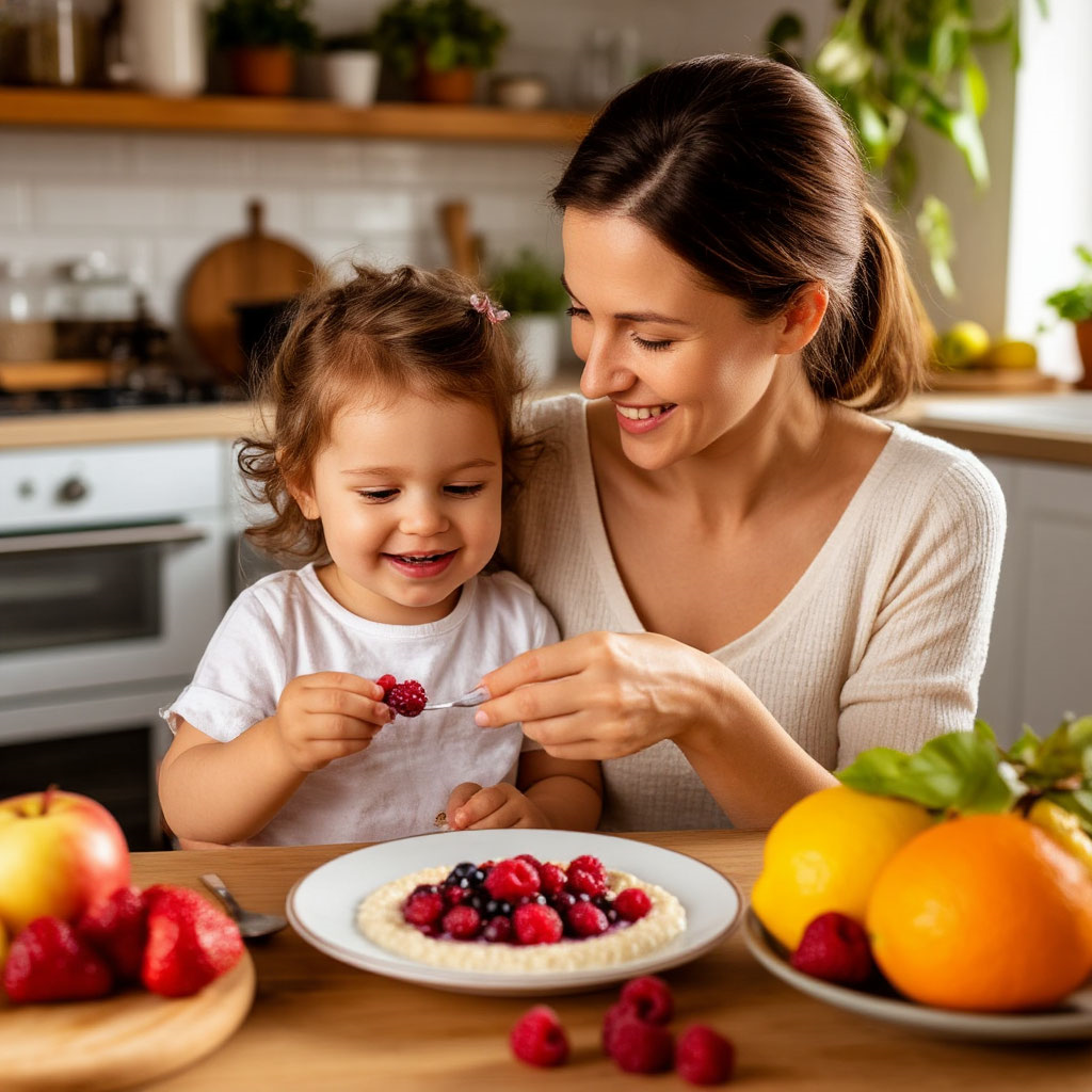 Мама с ребенком едят амарантовую кашу