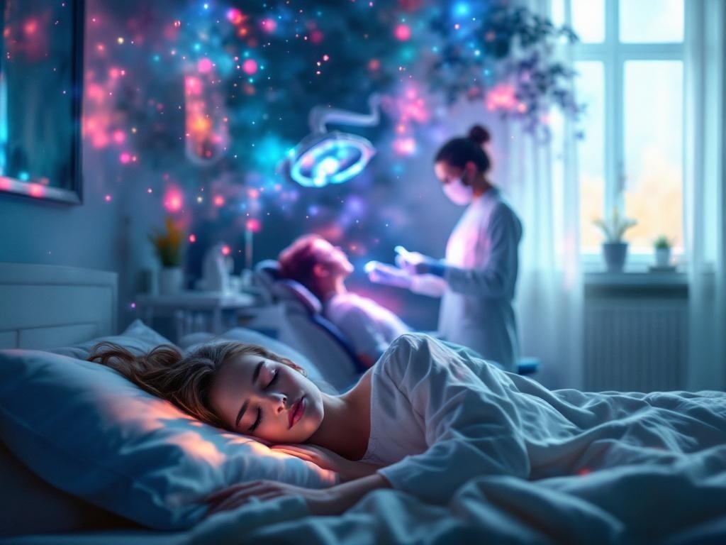    К чему такое снится: На картине изображён стоматологический кабинет с зубным креслом. Фигура пациента в кресле с закрытыми глазами, перед ним стоит спокойный стоматолог с инструментом в