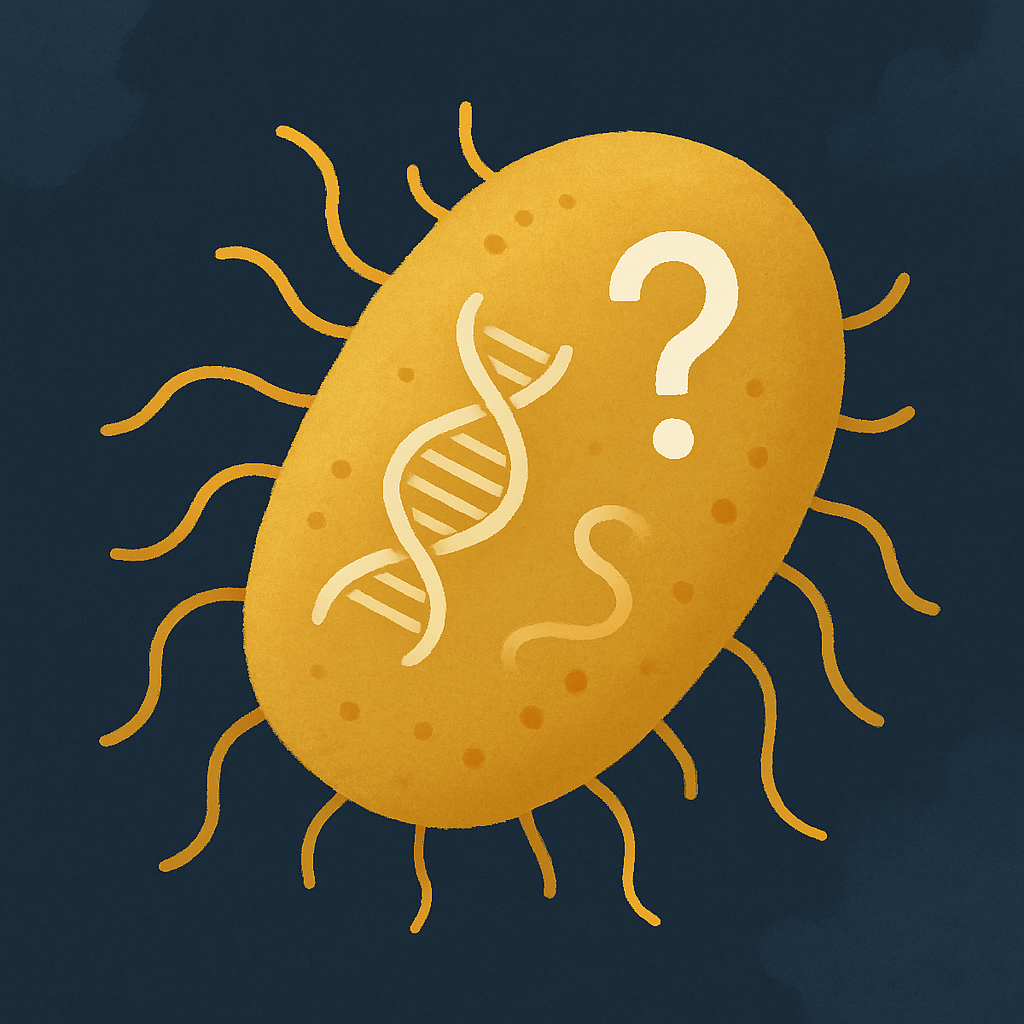 На картинке изображён жёлтый овальный микроб с тонкими отростками-пилями по краям. Внутри него схематично показана ДНК-спираль и большой белый вопросительный знак, символизирующий загадочность и неопределённость. Фон тёмно-синий, что создаёт ощущение микроскопического наблюдения. Иллюстрация подчёркивает научную проблему: микроб с необычно маленьким геномом, вызывающий вопросы о том, что считать «живой клеткой».