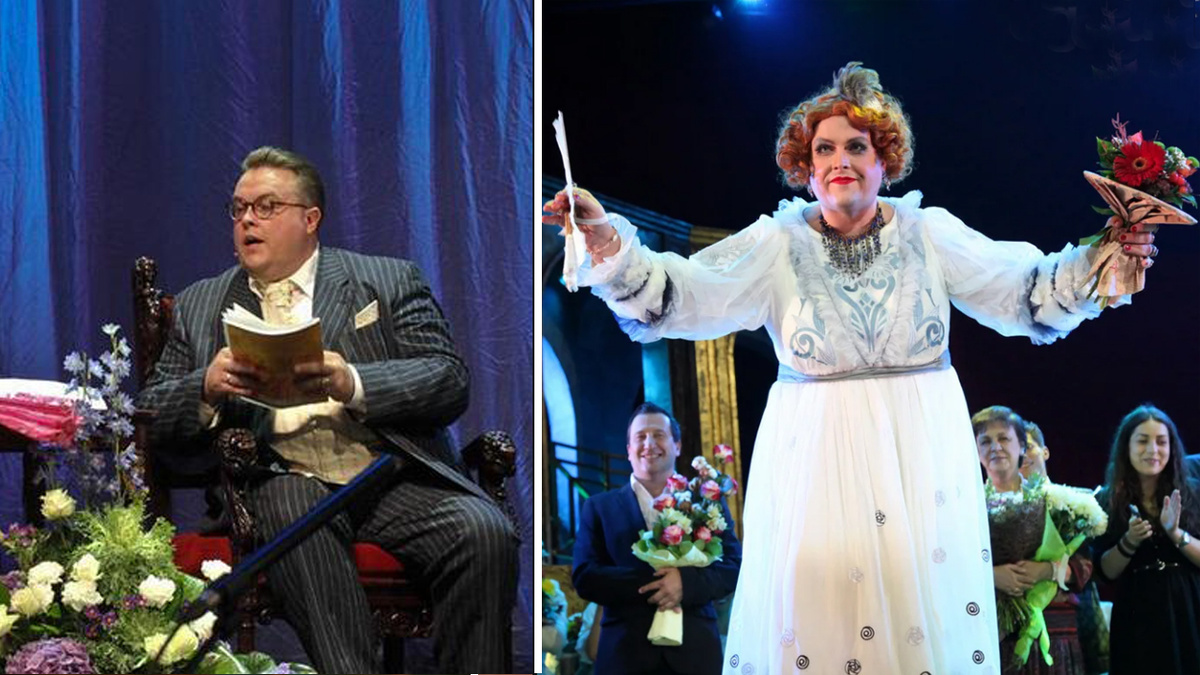 Алексей Колган в театре. Справа в муз. спектакле "Принцесса цирка", роль Мадам Каролины