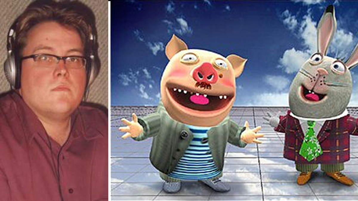 Алексей Колган. Справа Хрюн Моржов (которого озвучивал Алексей Колган) и Степан Капуста (озвучивал Александр Леньков), кадр из передачи "Тушите свет" 