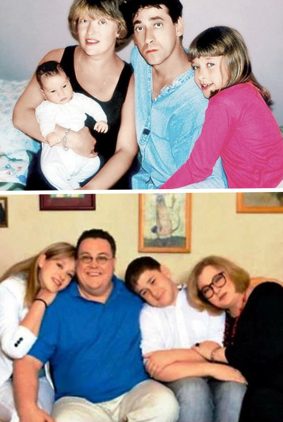 Нина Дворжецкая. Вверху с Евгением Дворжецким, дочкой Аней и сыном Мишей. Внизу с Алексеем Колганом, дочкой Аней и сыном Михаилом