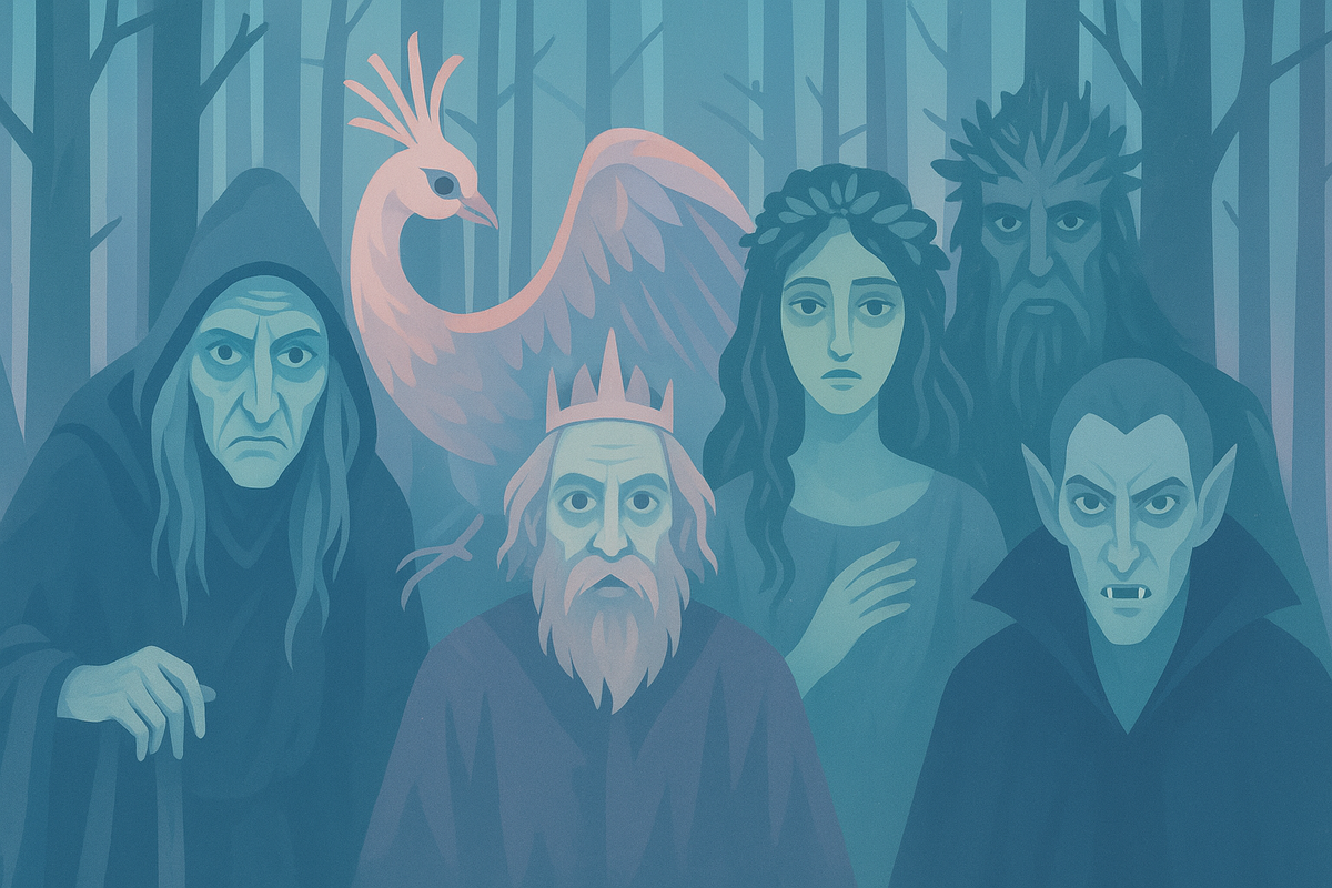 Баба-Яга, Кощей Бессмертный, Жар-птица, Кикимора, Леший и Вурдалак.