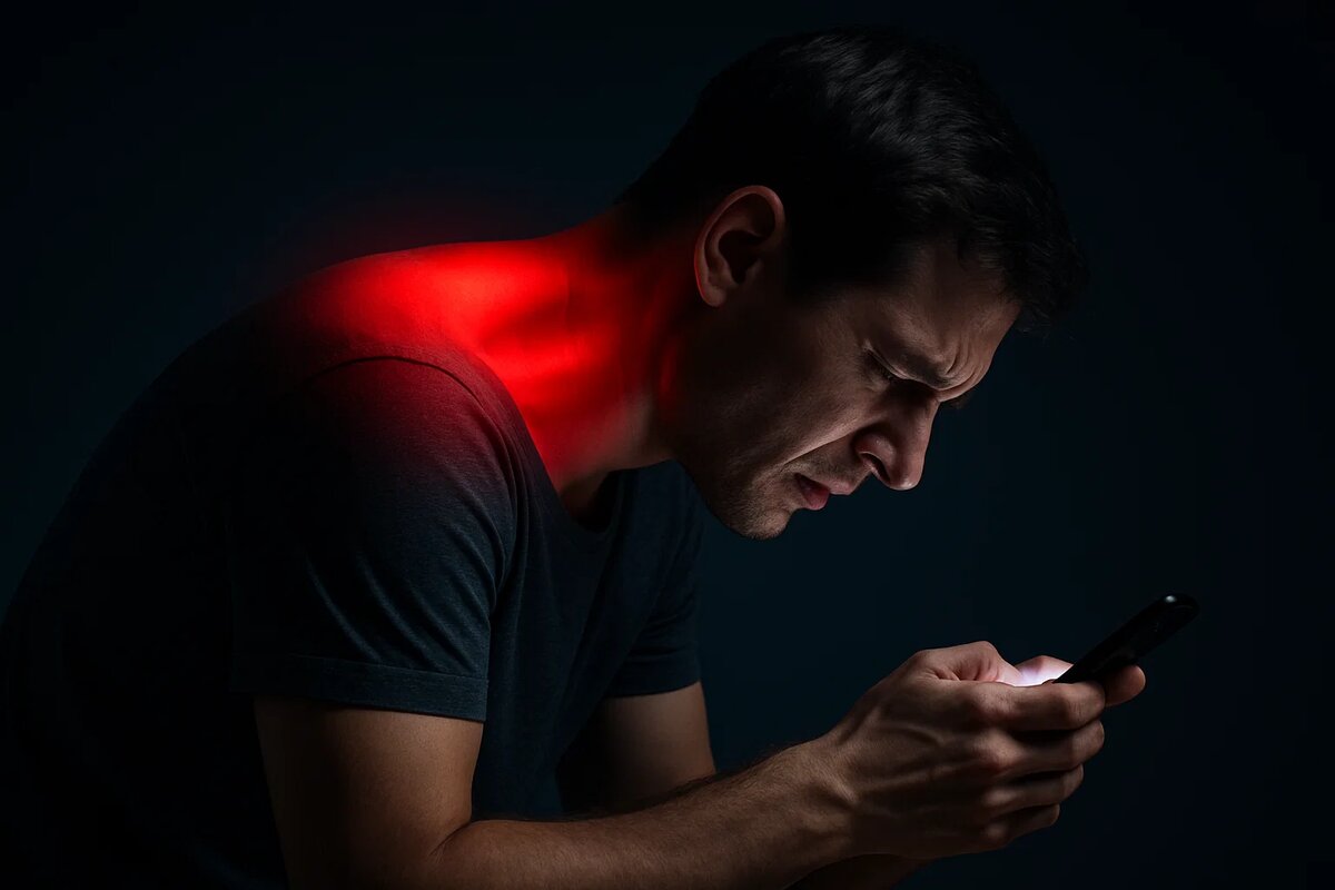 Мужчина сидит в телефоне с напряженной шеей