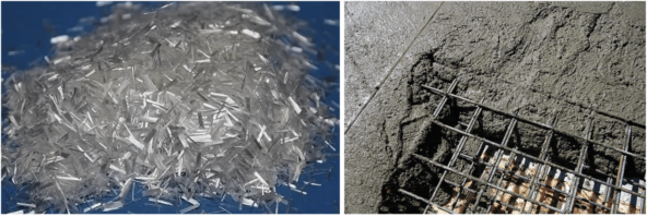 Нарезанная стеклофибра – слева, бетон с арматурой – справа