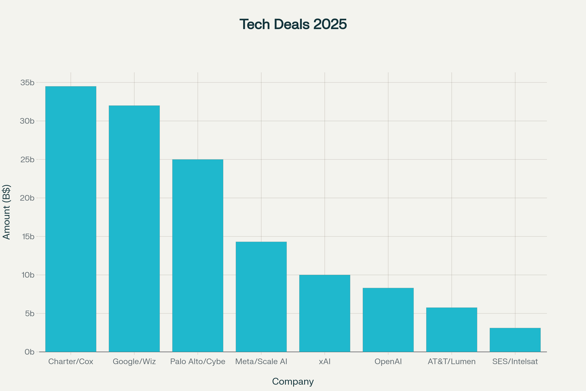 Крупнейшие технологические сделки 2025 года по размеру инвестиций (в млрд долларов)