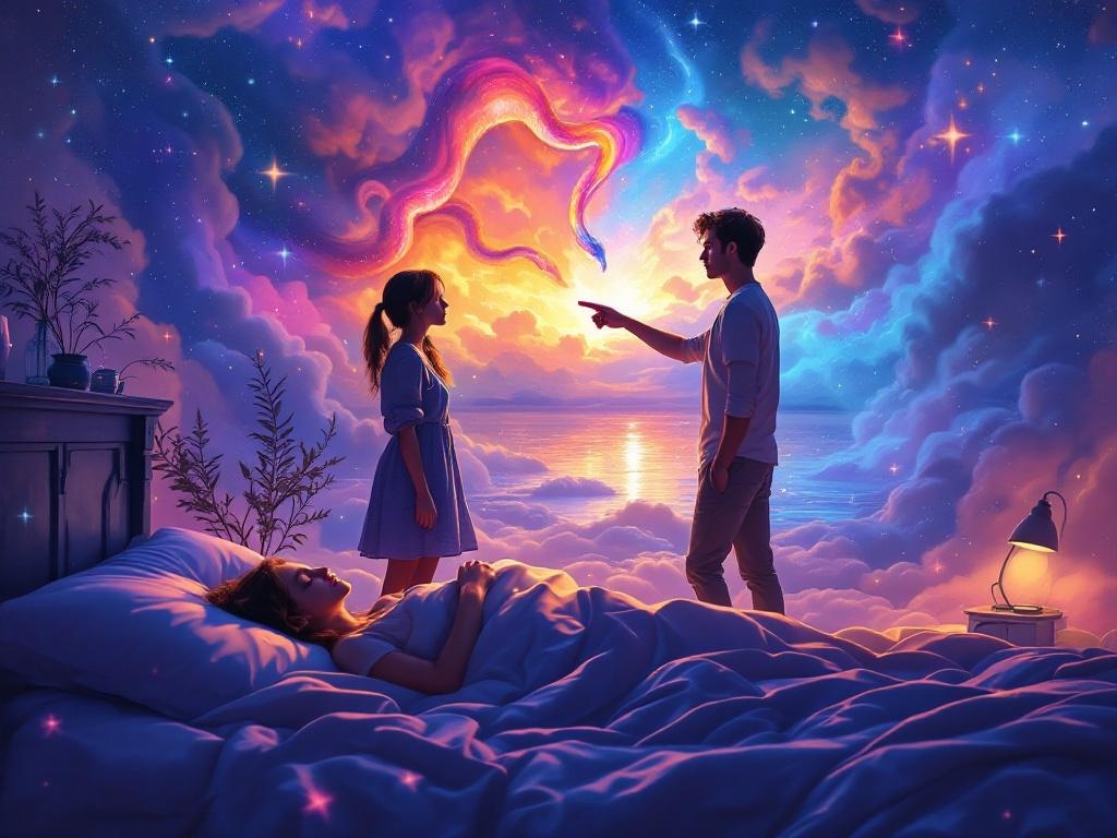    К чему такое снится: Художник изображает человека, стоящего рядом с местом, где обычно стоит коврик для домашних животных, и показывающего на красочную змею. Рядом находится другой челов