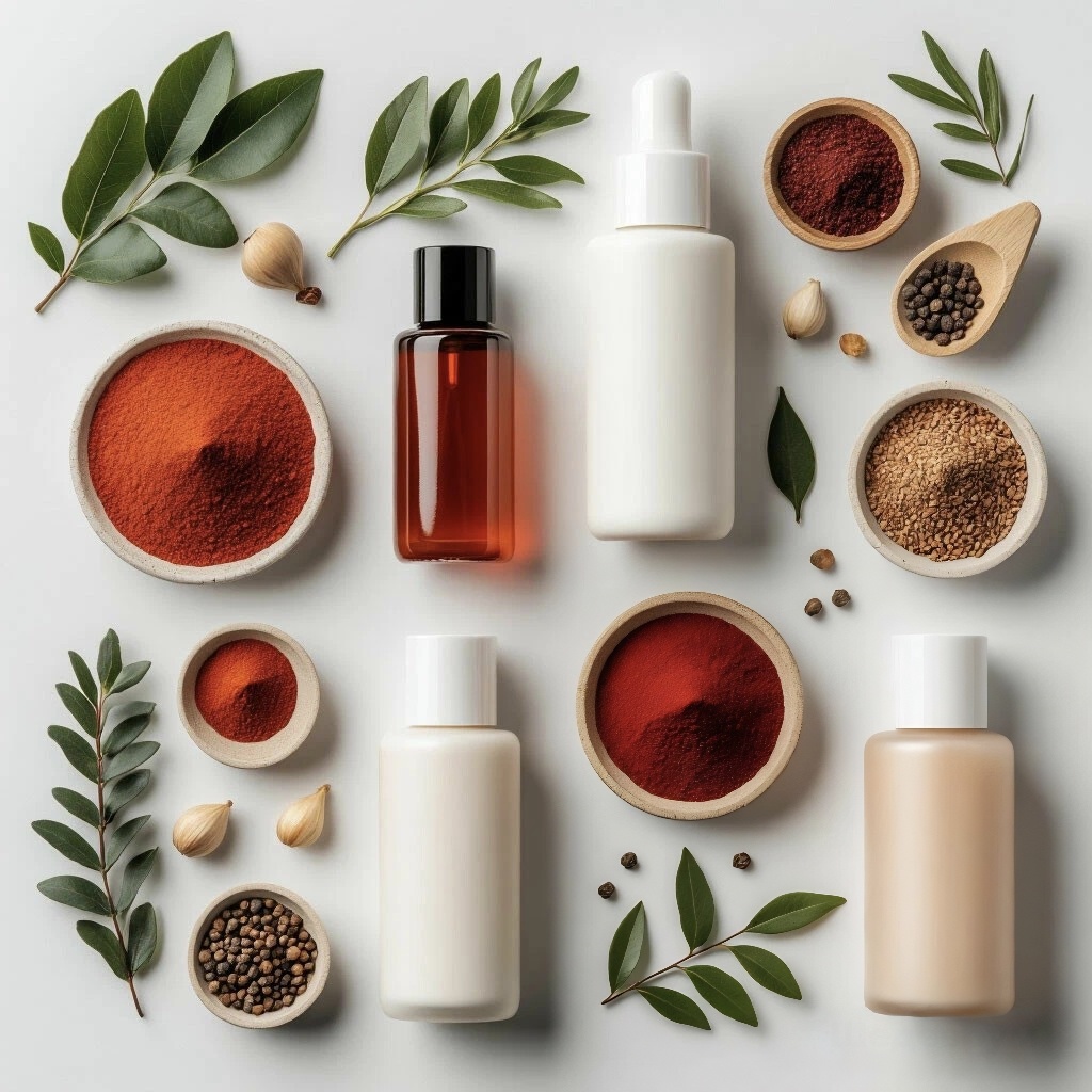 Коллаж из натуральных ингредиентов (астаксантин, керамиды, растительные экстракты) с косметическими продуктами