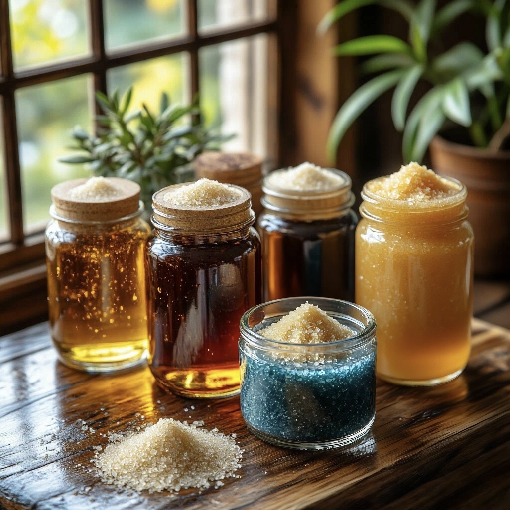 Красивые натуральные ингредиенты — эфирные масла, растительные экстракты, натуральные эксфолианты в стеклянных баночках