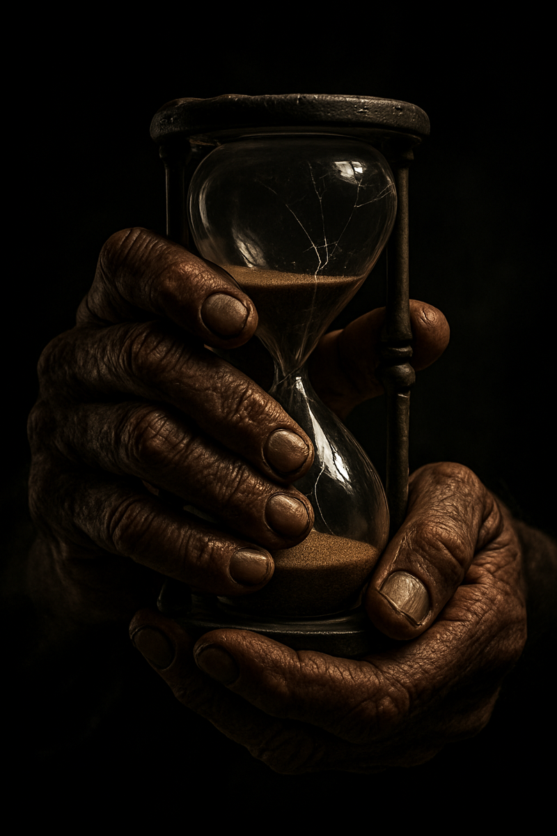 Пожилой мужчина держит песочные часы в руках