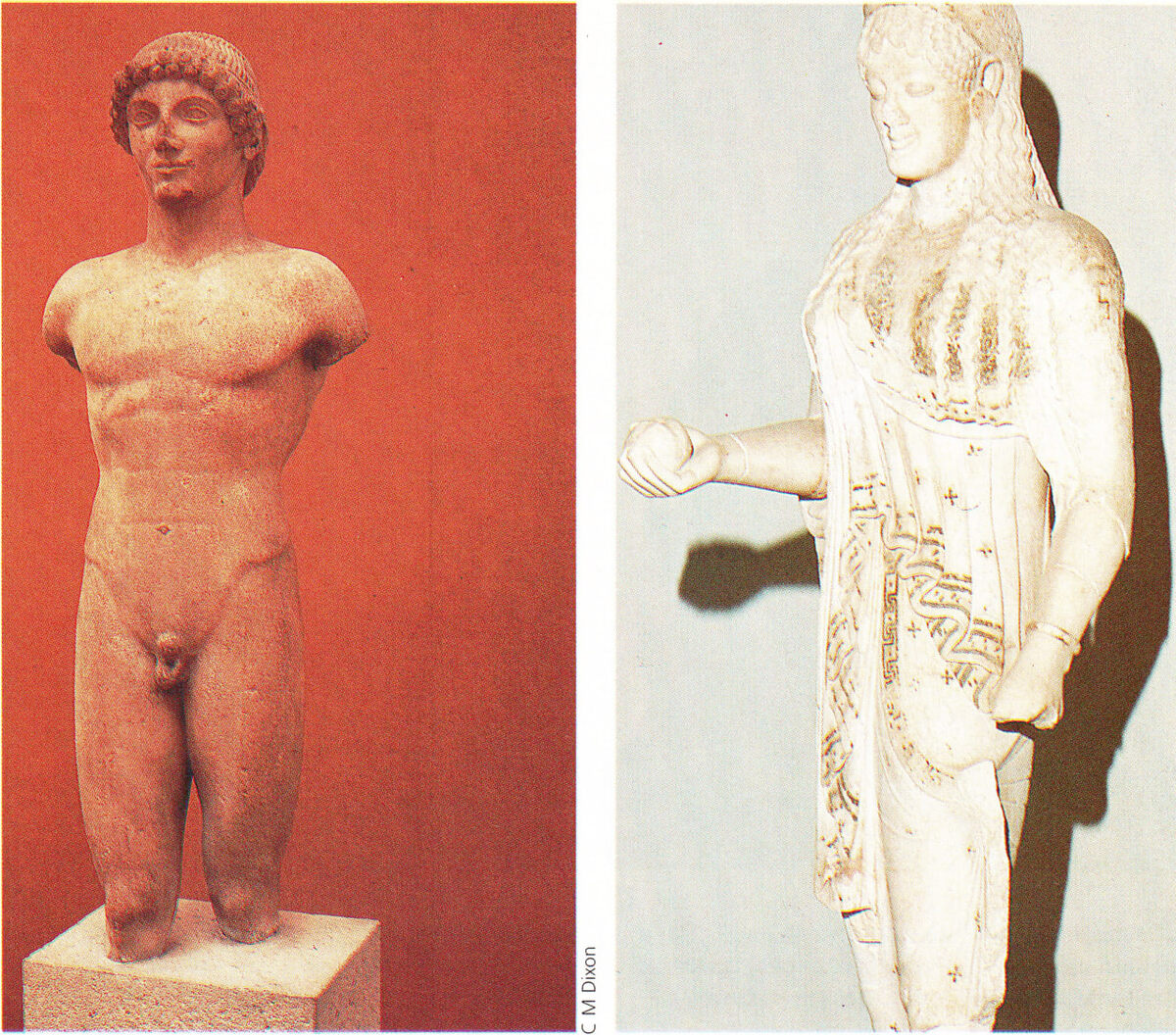 Период архаики в греческой скульптуре длился с конца VII века по 480 г. до н. э. Для него характерны стоящие фигуры юношей (куросы) и девушек (коры).