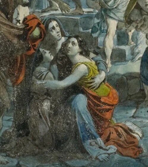 Карл Брюллов. Последний день Помпеи. Фрагмент с Юлией Самойловой в образе матери с дочерями. Около 1834. Авторское повторение. Картон, акварель.
Государственная Третьяковская галерея