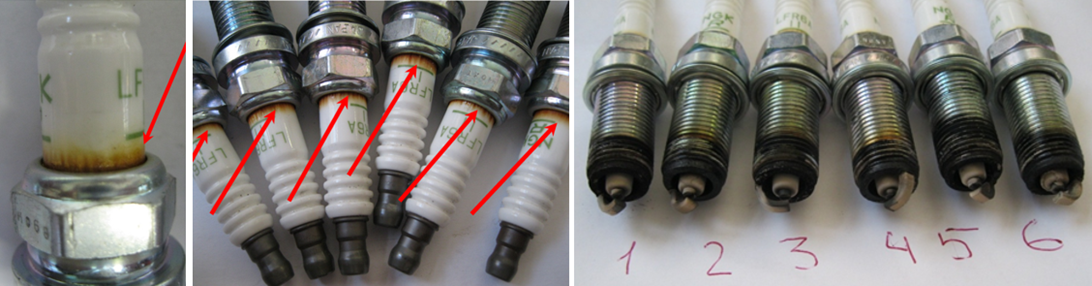 Пример возможных неисправностей от тролинга – прорыв выхлопных газов на свечах зажигания и нагар на электродах после 60 часов работы (из них 30 часов тролинга) нового мотора YAMAHA F250D