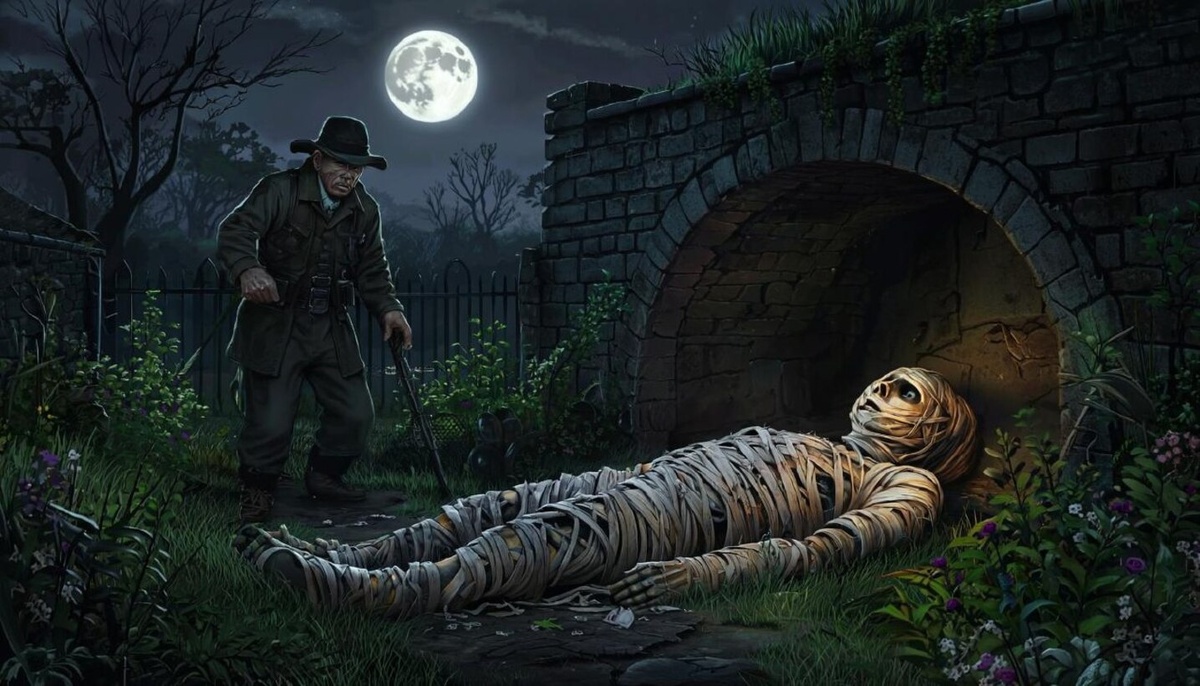 Садовый сторож подозревается в убийстве своей жены, чью мумию нашли в подвале их дома.  Фото: Изображение создано с помощью Kandinsky 4.1