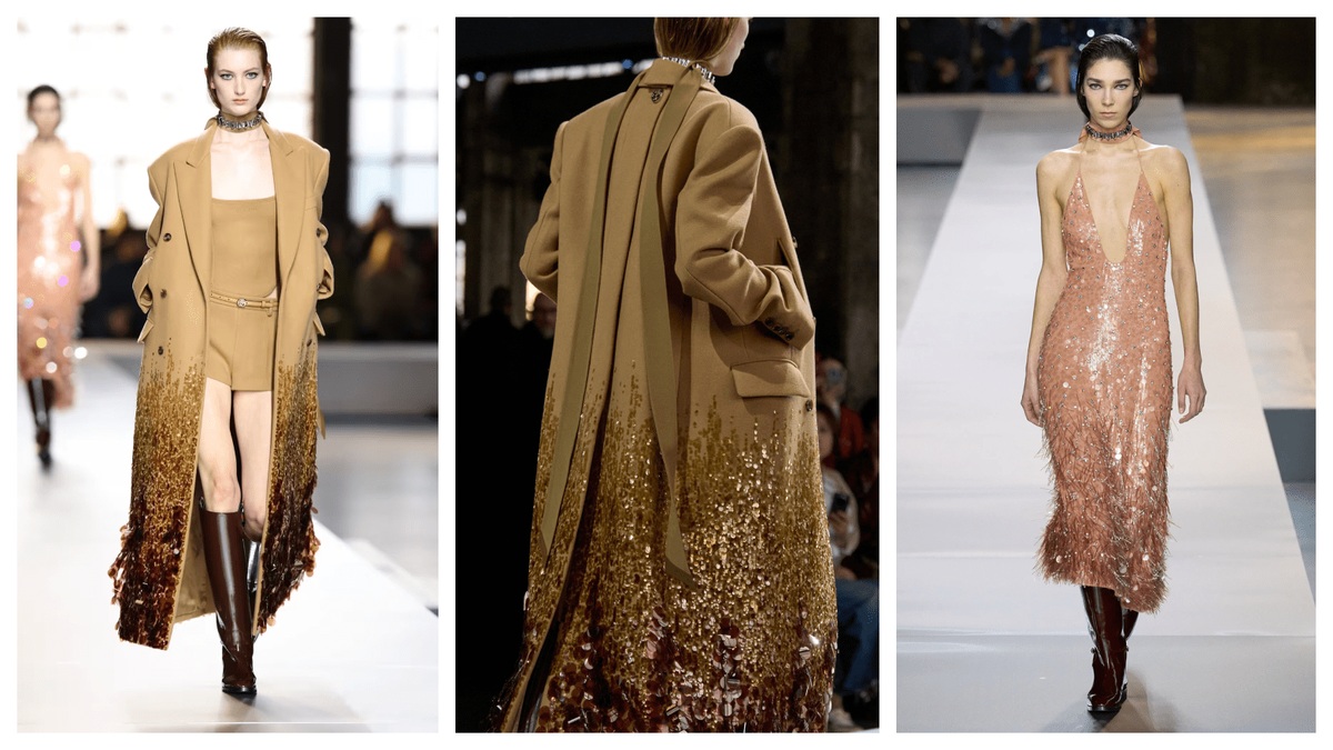 Подиум пример: Gucci, Осень/Зима. Искры кристаллов на пальто и укороченных платьях.