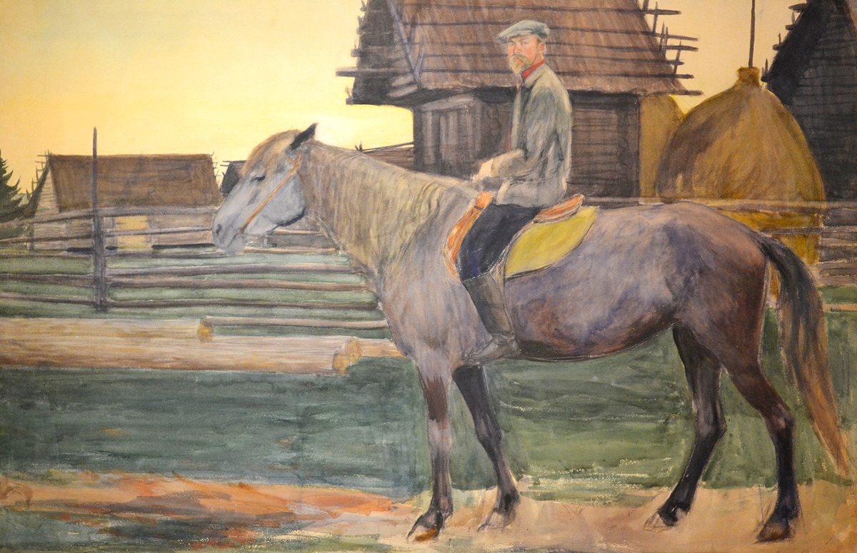 Все фото в статье: Государственная Третьяковская галерея, выставка "Борис Кустодиев". Автопортрет "Я и моя Сивка", 1904 - 1905г. Бумага, графитный карандаш, акварель. Частное собрание, Москва. Фото автора