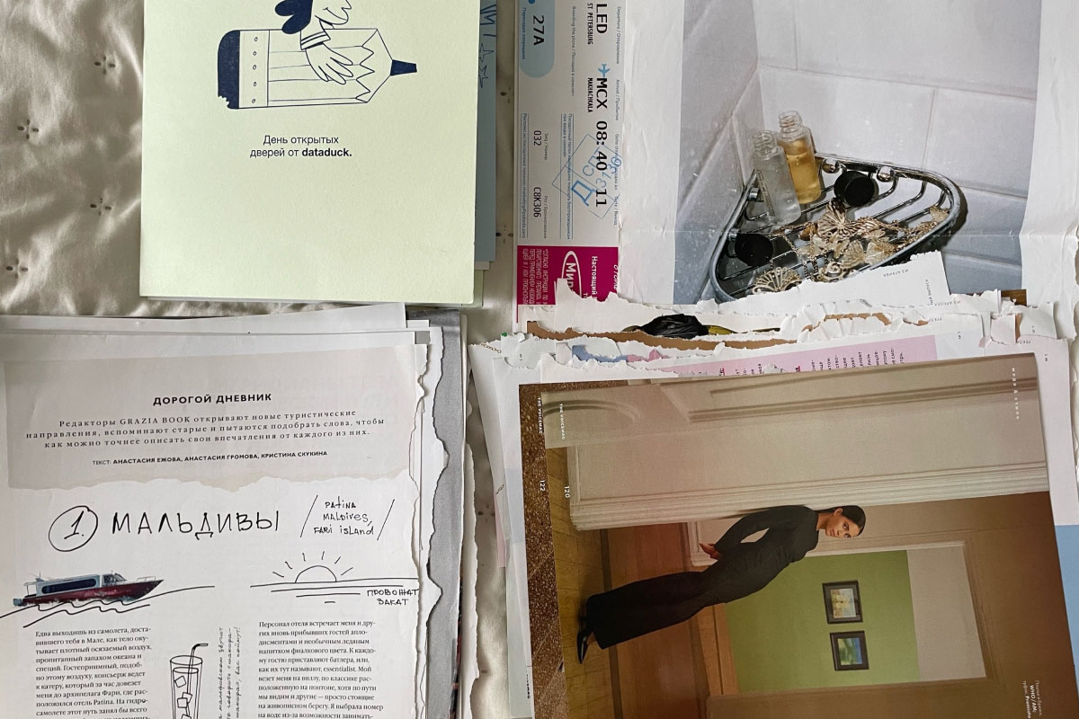 Вдохновение я всегда нахожу в журналах. Отрываю страницы с удачными фотографиями, интересной версткой и красивыми шрифтами — такие находки пригодятся для творчества. Источник: личный архив Ксении Чеглаковой📷
