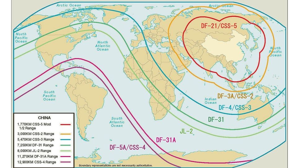    Карта дальности баллистических ракет КНР / Википедия