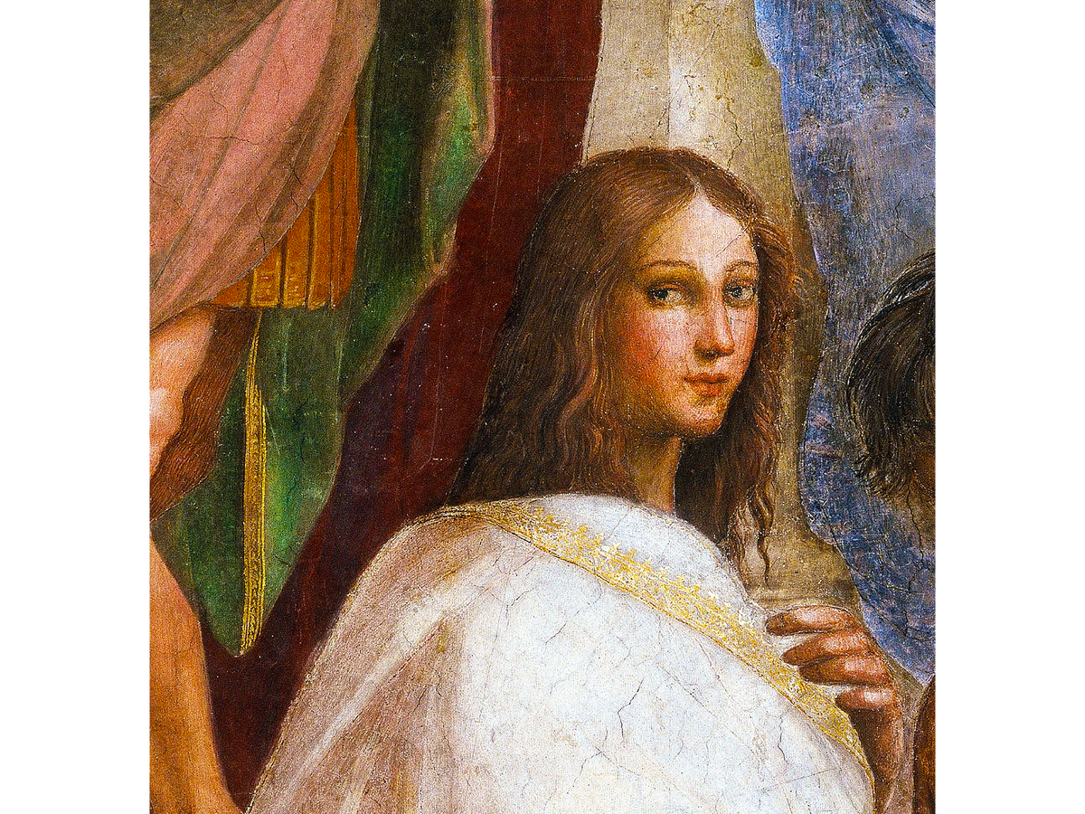 На картине Рафаэля «Афинская школа», созданной в 1509–1511 годах, можно увидеть фигуру, которую многие считают переодетой Гипатией. Её присутствие на полотне вызвало споры в церковных кругах.