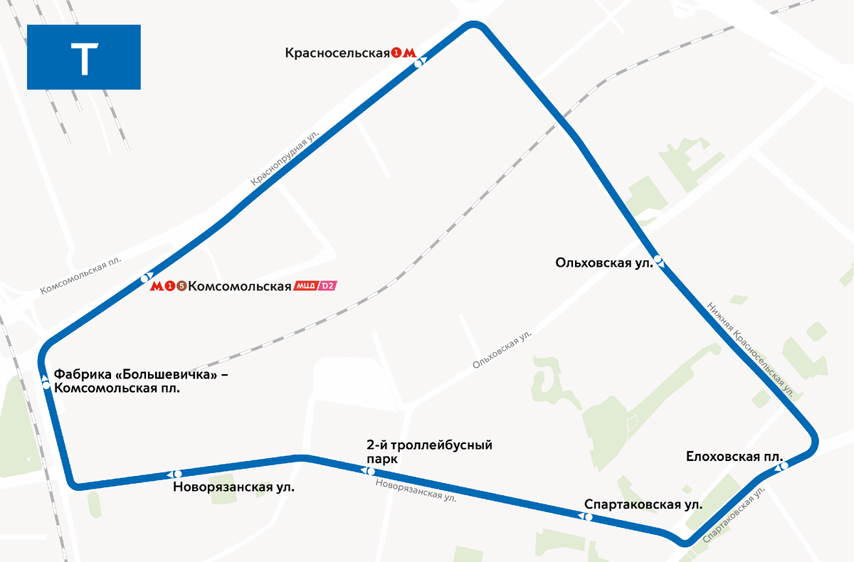 Трасса следования современного маршрута Т без указания остановок. Отсюда: https://t.mos.ru