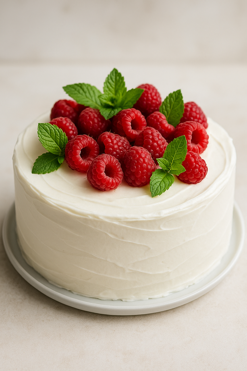 Торт со сметанным кремом, украшенный малиной и мятой