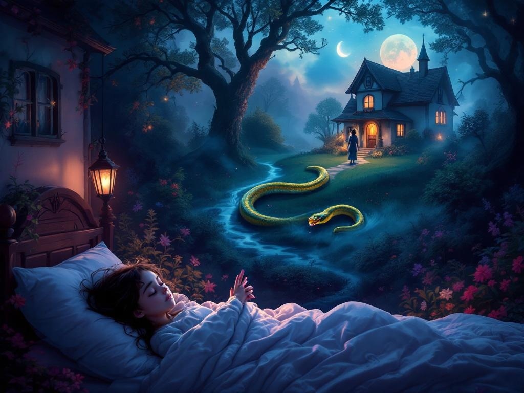    К чему такое снится: На картине изображена девушка, которая отходит от дома колдуньи. Жёлто-зелёная змея кусает ее за большой палец правой руки. Родители с тревогой стоят рядом, пытаясь