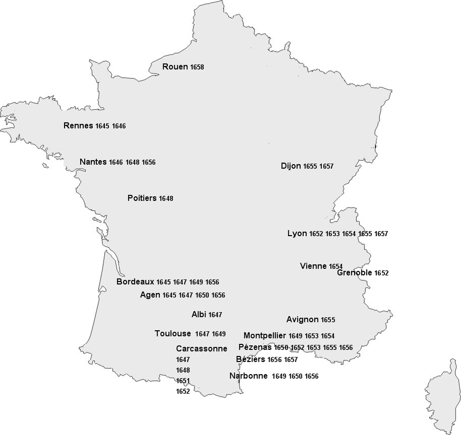 На карте Франции показаны места турне группы Мольера в 1645—1658 годы