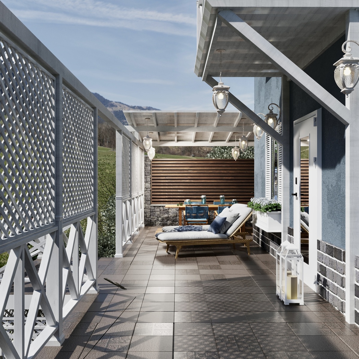 Теневые навесы, перголы для создания тени, при этом без потерь циркуляции воздуха, керамическая и клинкерная плитка для как долговечные материалы. 