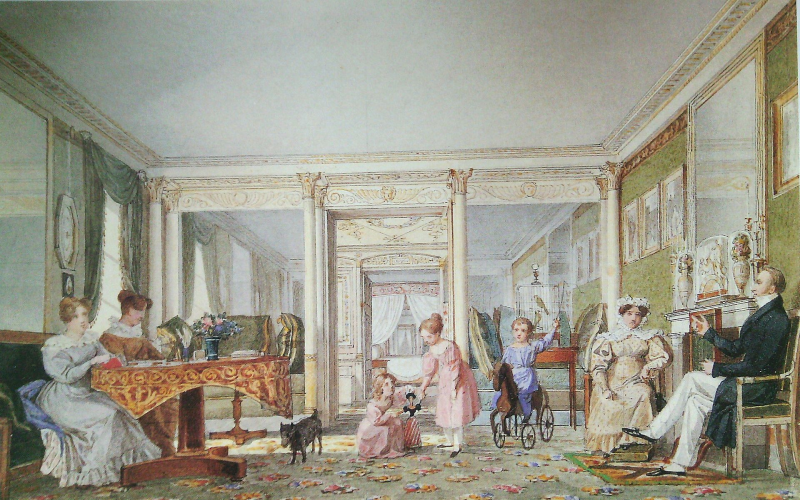 А.П. Брюллов. В комнатах. Семья Гагариных. 1827 год Париж. Бумага, акварель, размеры 11.3 х 17,4 см. В собрании ГТГ.