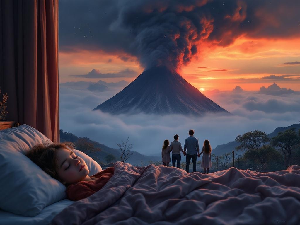    К чему такое снится: На картине изображена семья, стоящая рядом с извергающимся вулканом. Из кратера вулкана поднимается столб черного дыма, окружающий небо, и пепел, разлетающийся вокру
