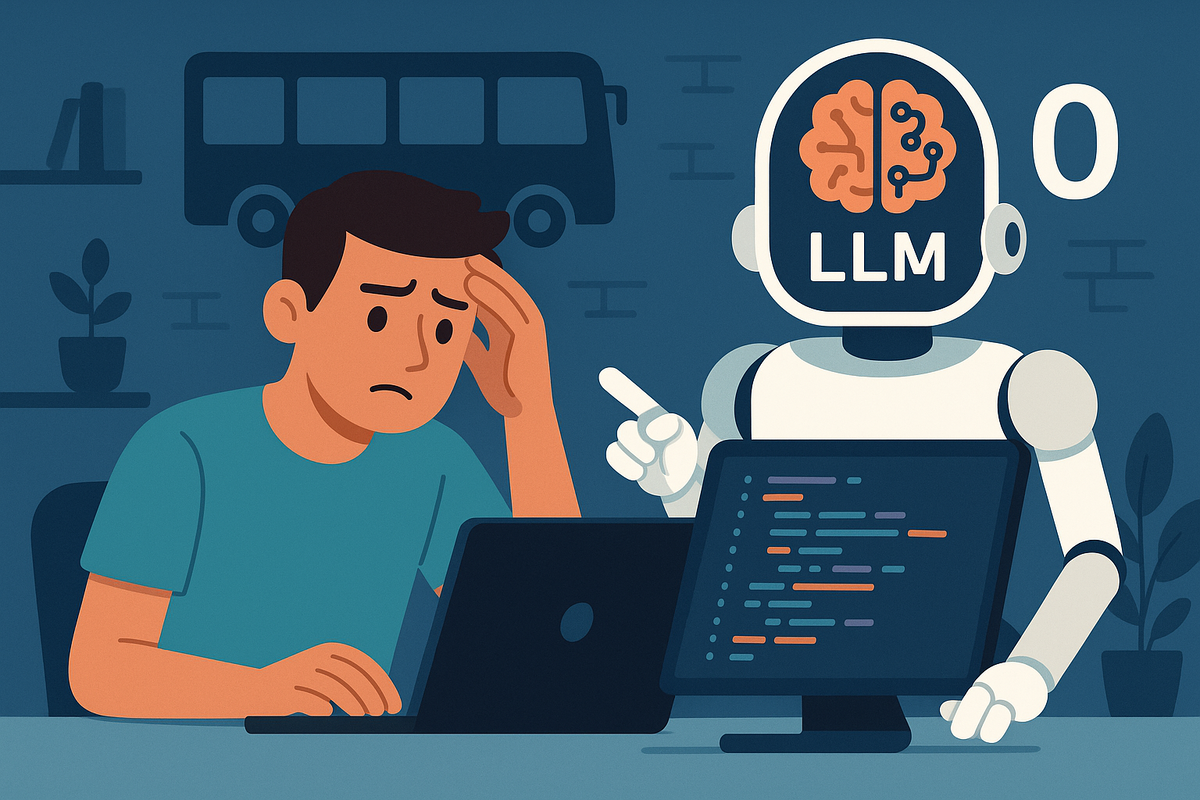 Иллюстрация показывает программиста, обеспокоенно смотрящего на экран, рядом с ним — робот-ИИ, генерирующий код. На фоне — символ автобуса и цифра «0», подчёркивающие идею «Bus factor 0», когда знания о системе сосредоточены только в руках ИИ, а не людей.