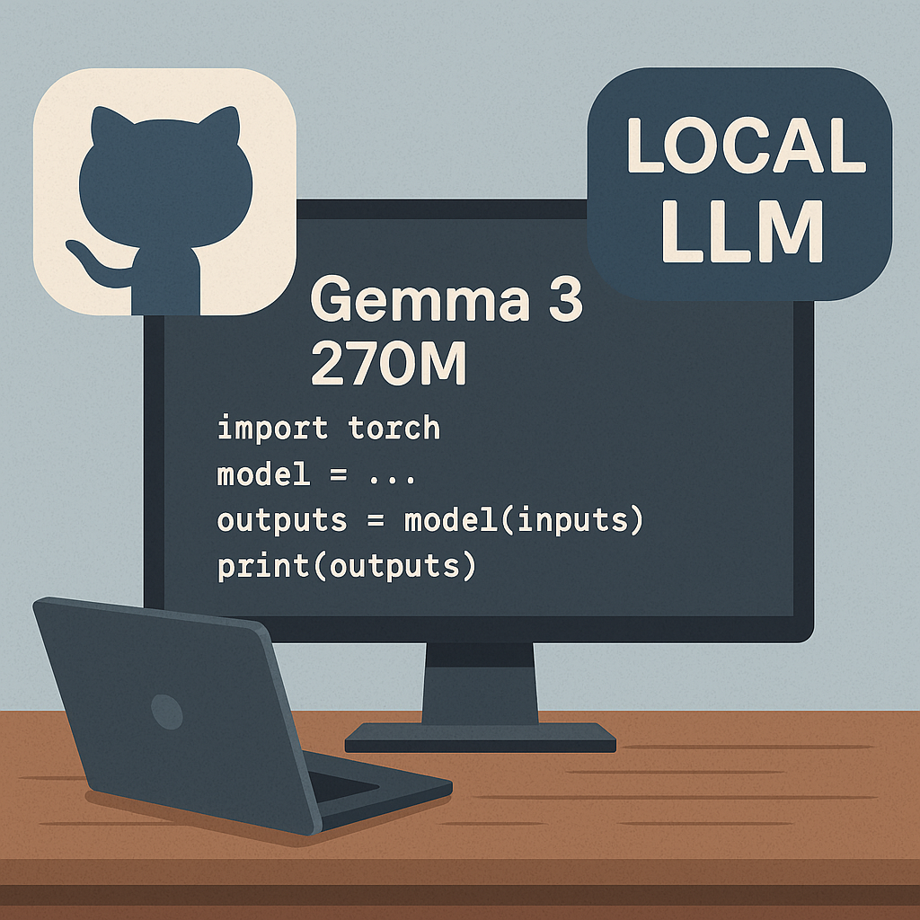 Иллюстрация показывает ноутбук с открытым кодом на Python, символизирующего модель Gemma 3, реализованную на PyTorch для локальных экспериментов. Атмосфера подчёркивает простоту и доступность tinkering-подхода прямо «с нуля» на личном компьютере.