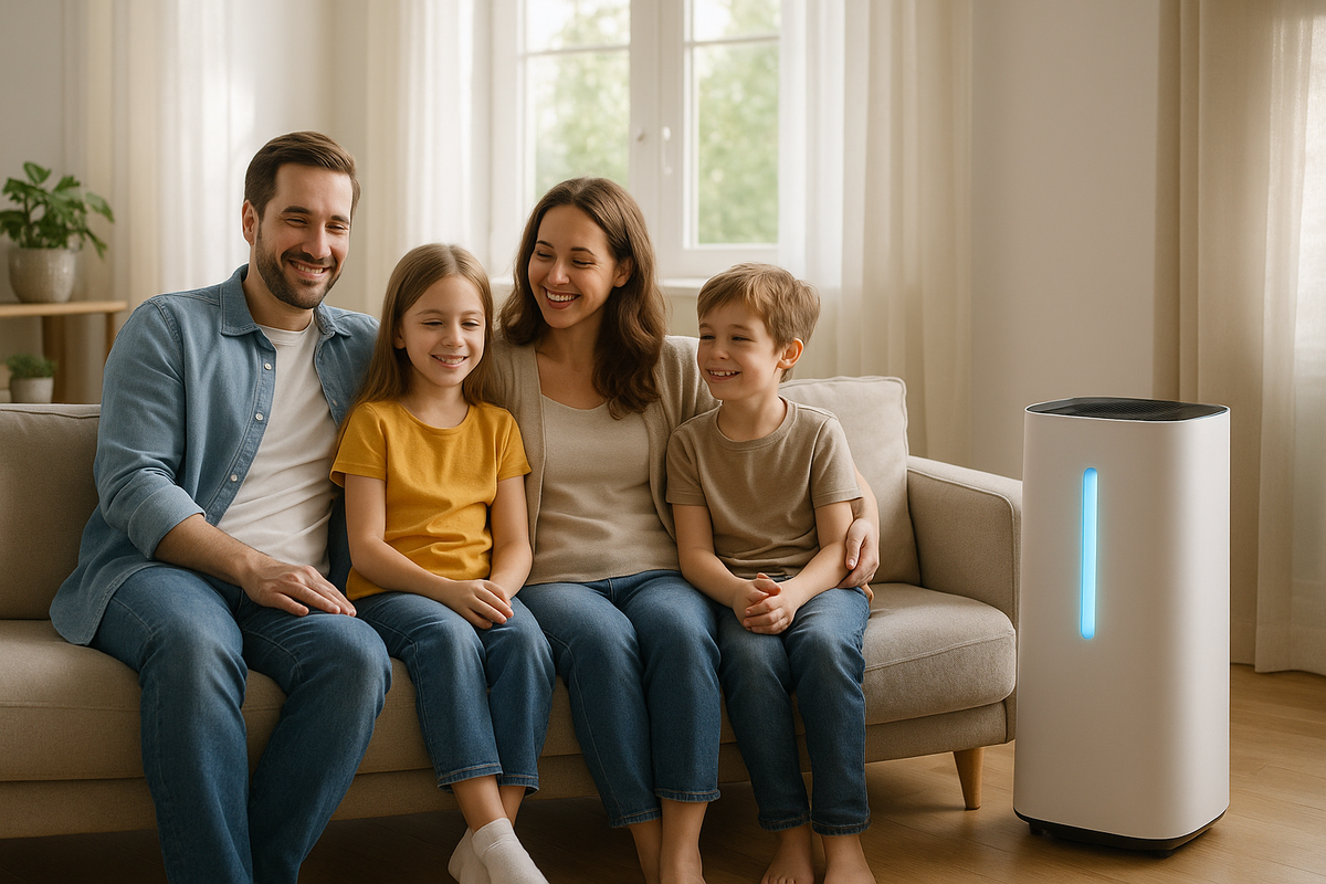 Семья в гостиной с фотокаталитическим очистителем