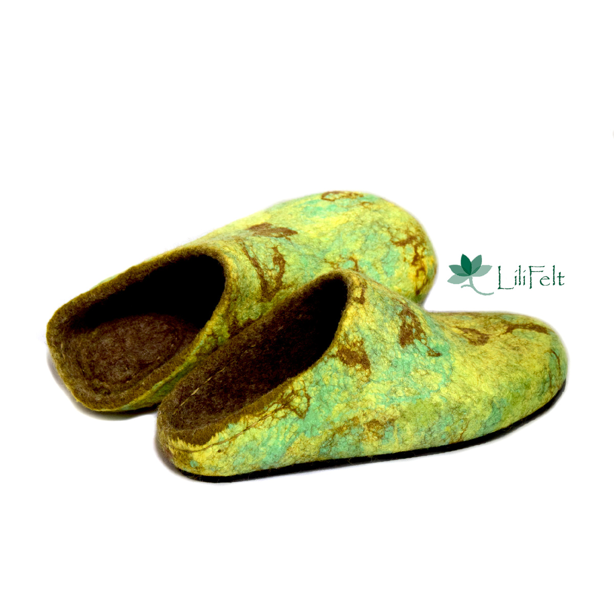 Зелено-желто-коричневый мрамор. Валяные тапочки ручной работы. Мастер Иванова Лилия/ LiliFelt