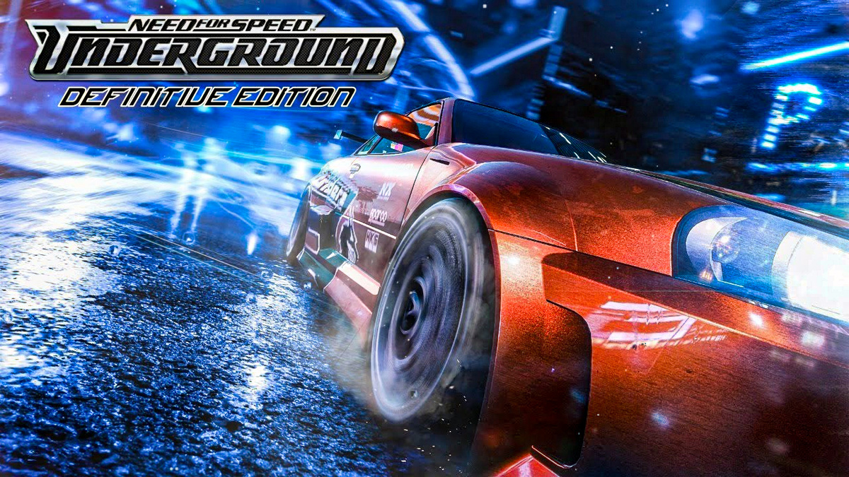 Кадр из фанатского ремастера Need for Speed: Underground. На переднем плане — культовый Nissan Skyline GT-R, уносящийся боковым скольжением по мокрому асфальту. Вокруг — неоновый свет ночного города, отражающийся в каплях дождя. Атмосфера уличных гонок, где важен не только финиш, но и стиль.