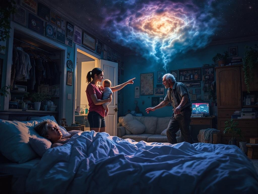    К чему такое снится: Женщина стоит в комнате и энергично указывает на дверь, держа на руках маленького ребенка. Напротив нее, запущенный мужчина в изношенной одежде со сконфуженным видом