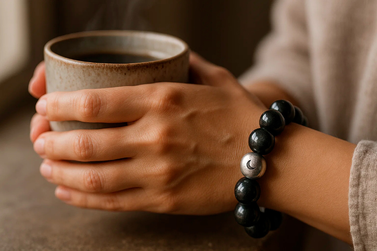 Браслет из бусин обсидиана