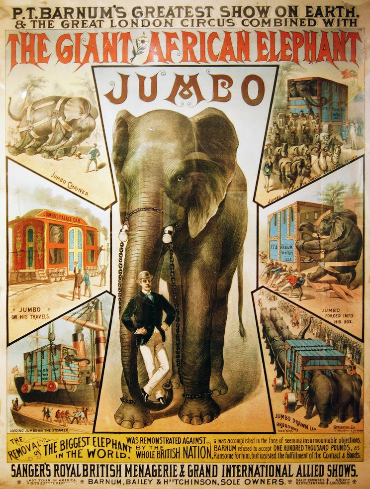 Плакат цирка «Величайшее шоу на Земле» с историей Джамбо.    https://arzamas.academy/