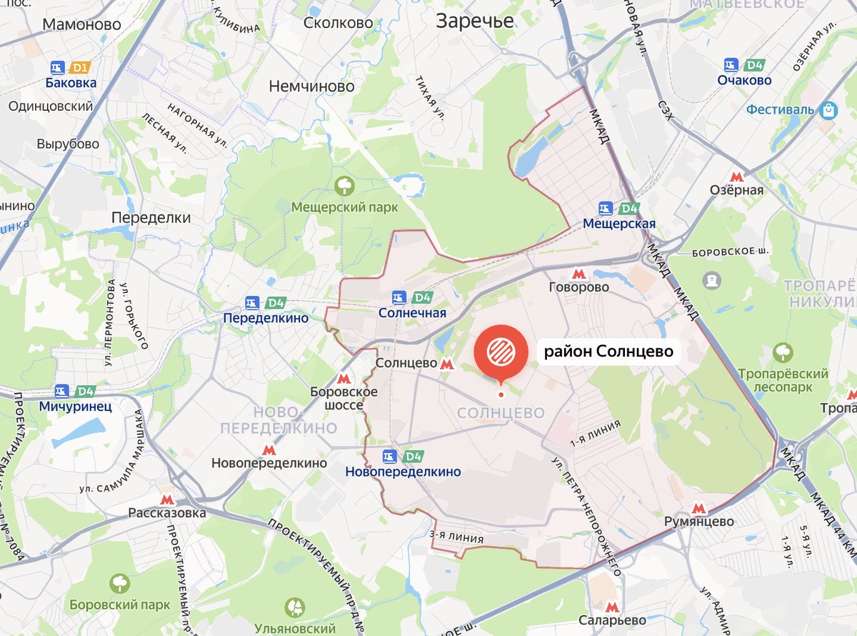 Район Солнцево в границах, созданных в 2024 году. Яндекс.Карты.