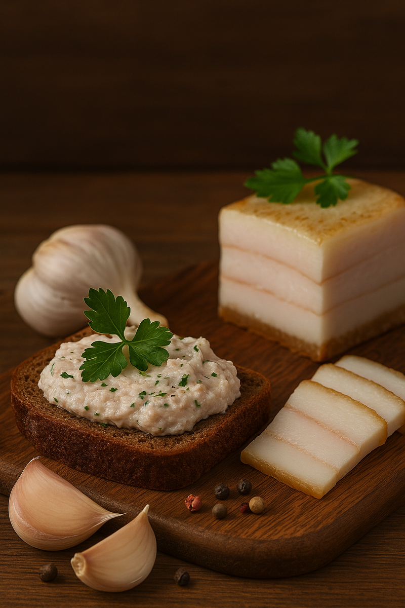 Традиционная закуска — сало, чеснок и хлеб