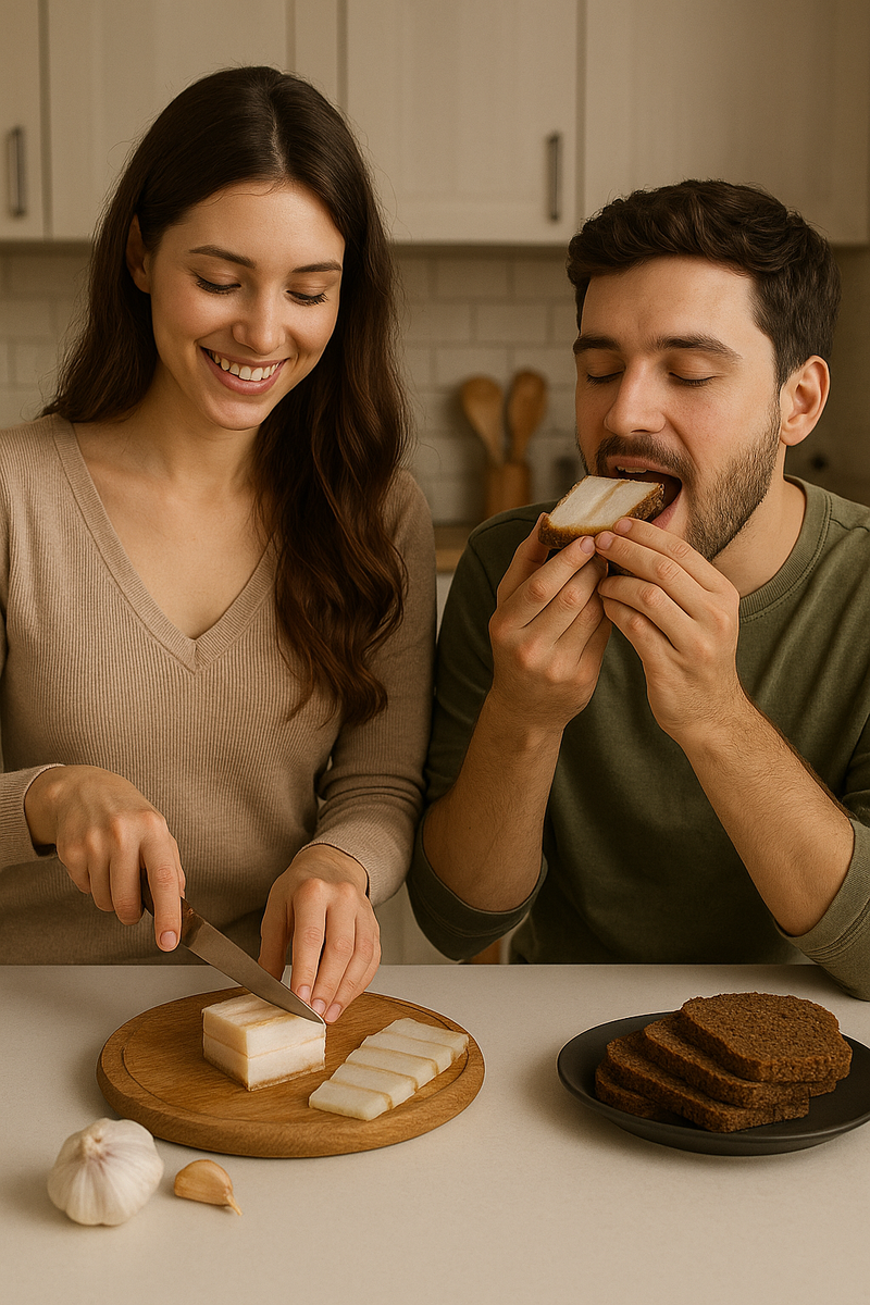 Свежее сало с зеленью и специями кушает семейная пара на зож