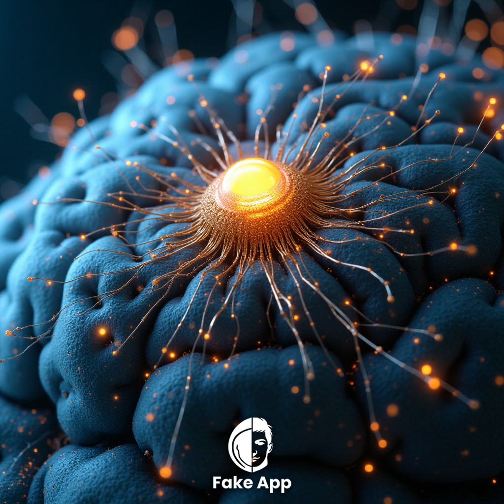 Промт: высокотехнологичный нейроимплант, вживленный в кору головного мозга. От него расходятся тонкие светящиеся золотые проводки. 