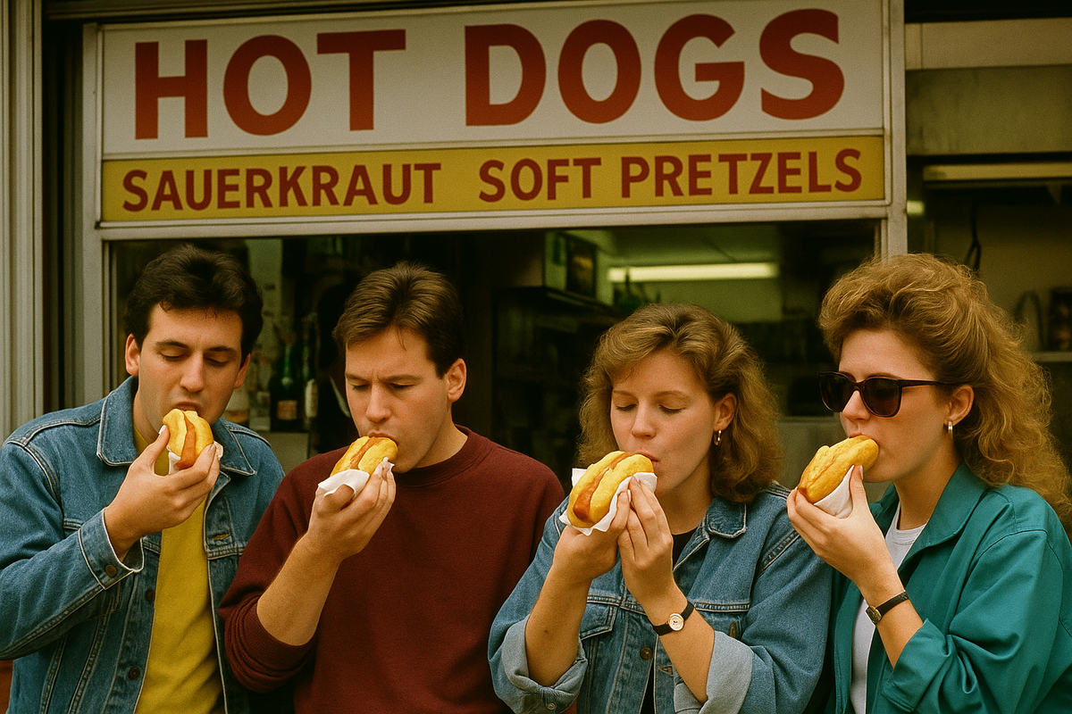 90е года, америка. люди стоят возле лавки е едят хот-до