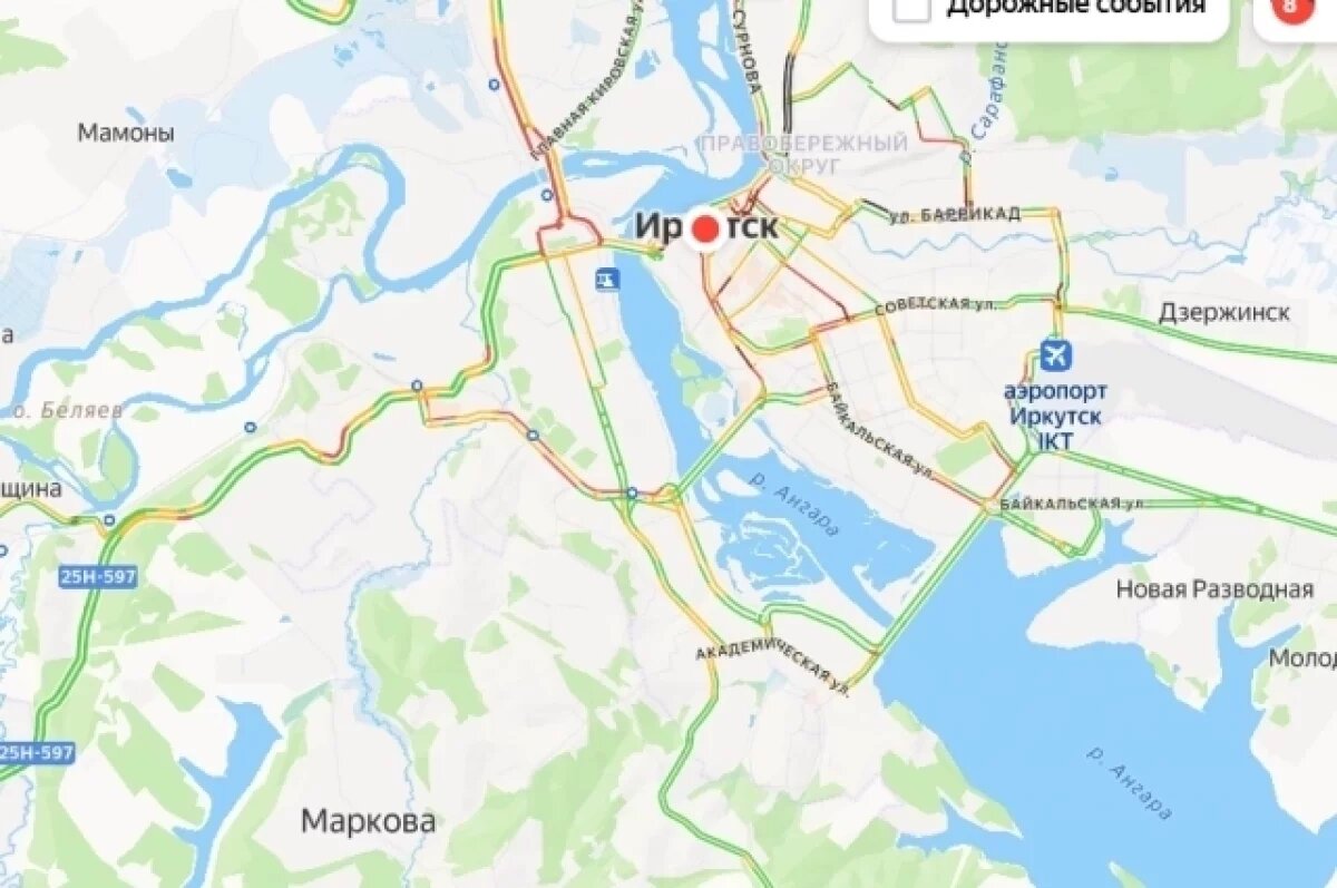    Пробки в Иркутске к 19.00 21 августа достигли 8 баллов
