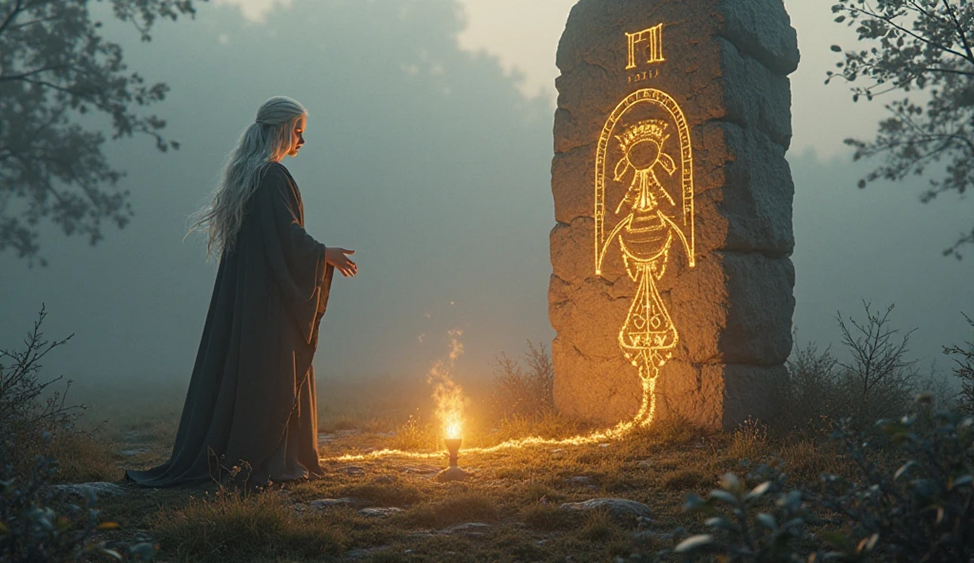 Арина встает на рассвете, кладет руки на мегалит с высеченными символами, и начинает напевать.