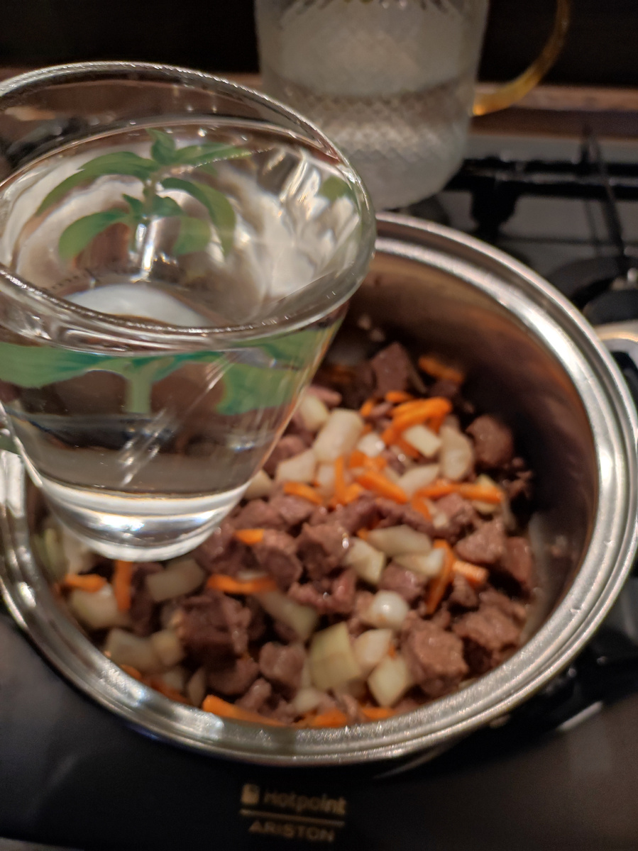 После того как мясо обжарится со всех сторон, добавляем нарезанные лук и морковь и добавляем 2 стакана воды. Тушим до готовности мяса